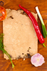 old paper for recipes and spices on wooden table