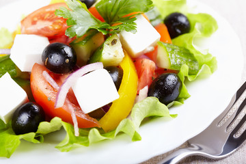 Greek salad on white plate