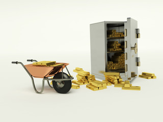 safe full of gold bars on a white background