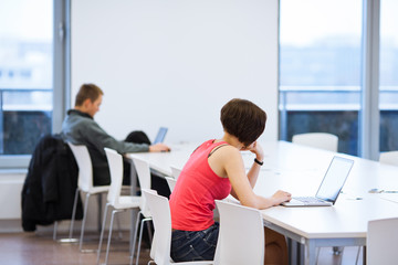 Pretty young college student studying in the library