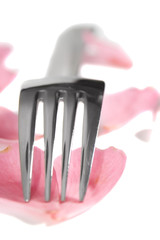 silver service fork isolated with rose petals