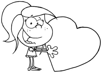Outlined Happy Young Girl Holds A Red Heart