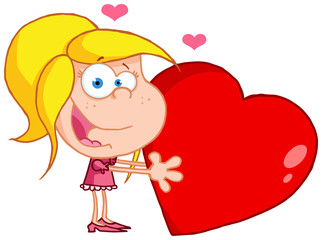 Happy Young Girl Holds A Red Heart