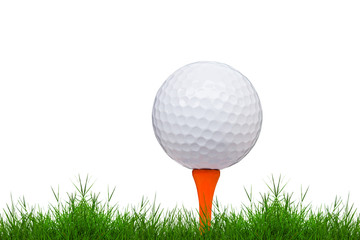 golf ball and tee on green grass isolated
