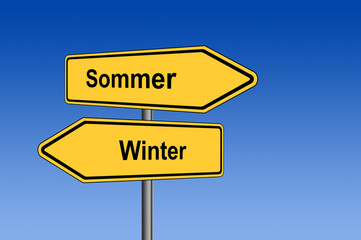 Fototapeta premium Umleitungsschild Sommer Winter vor blauem Himmel