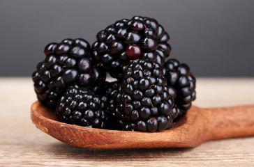 beautiful blackberries in wooden spoon on gray background