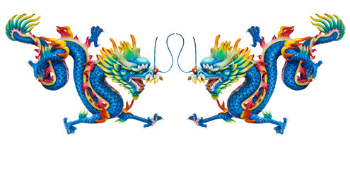 Twin blue dragon statues on white background with reflection