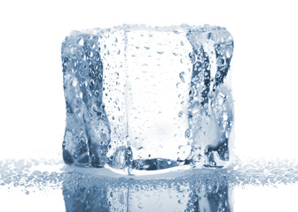 Single ice cube with water drops