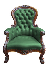 vintage green leather armchair on white with clipping path
