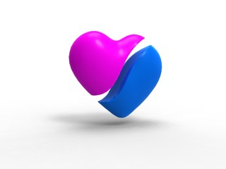 pink and blue heart in two-piece on white background