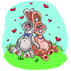 Two cute rabbits in love, vector drawing