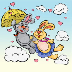 Two love rabbit with umbrella, vector drawing