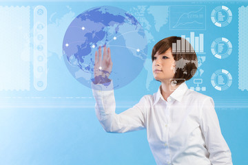 Beautiful business woman tocuhing on blue background