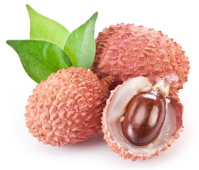 Lychee with leaves on a white background.