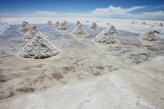 Piles of salt in Salar de Uyuni salt lake, Bolivia