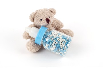 A teddybear with a drink bottle