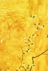 Foto op Plexiglas Geel bloemenpatroon op gele muur