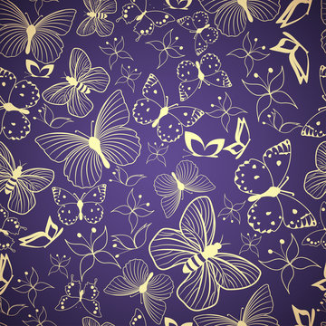 Seamless blue pattern with stylized butterflies