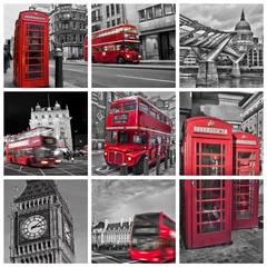 Papier Peint photo Autocollant Rouge, noir, blanc Collage carré bus, téléphone, big ben, couleur rouge et noir et blanc à Londres (UK)