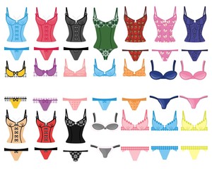many different lingerie on white background
