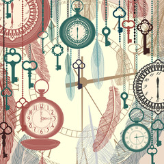 Vintage vector background with pocket watches and feathers