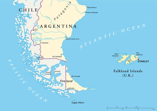 Falkland Islands and part of South America political map with national borders, most important cities, rivers and lakes. Illustration with English labeling and scaling. Vector.