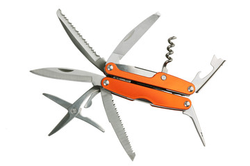 Orange set of tools as knives, scissors, corkscrew, opener