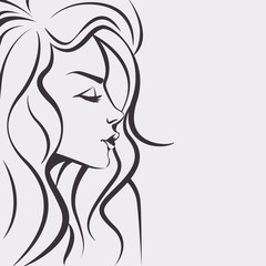 Beautiful woman face sketch - Day dreaming girl with long hair