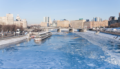 view on frozen Moscow river in sunny winter day