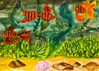 Hand painted picture, red fishes