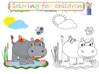 Coloring for children , funny  cute hippo.