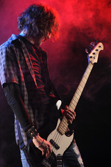 a bassist plays at a live concert - obrazy, fototapety, plakaty