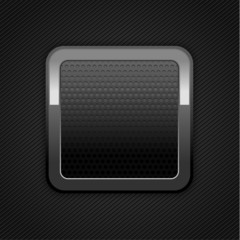 Metal web button. Dark gray background metal perforation texture