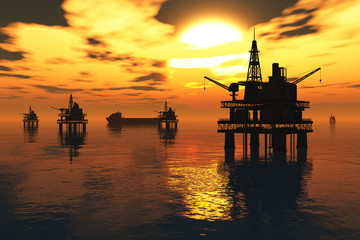 Sea Oil Platforms and Tanker in the Sunset 3D render - obrazy, fototapety, plakaty