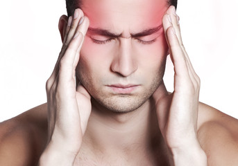 Men having a migraine isolated on white