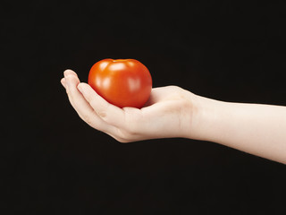 Childs hand with tomatoe and palm facing up
