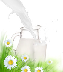 Panele Szklane  Szklanka mleka z dzbankiem i zieloną trawą
