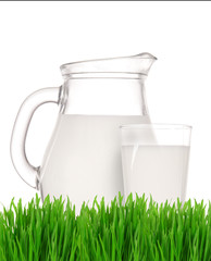 Glass of milk with jug and green grass