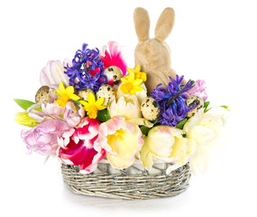 bouquet of fresh spring tulip, narcissus and hyacinth flowers