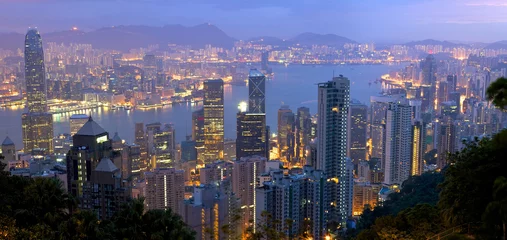 Photo sur Plexiglas Hong Kong Panorama de Hong Kong depuis Victoria Peak au lever du soleil