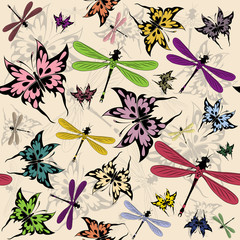 Vector seamless pattern with butterflies and dragonflies
