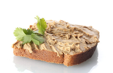 Fresh pate on bread isolated on white