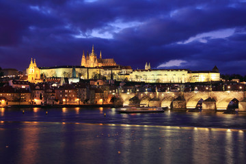 View on Prague gothic Castle with Charles Bridge in the Night