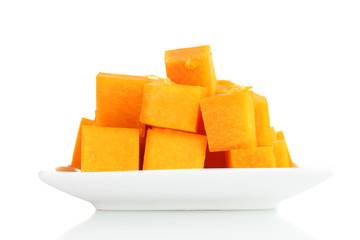 sliced pumpkin on plate isolated on white
