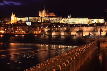 Prague gothic Castle with Charles Bridge in the Night
