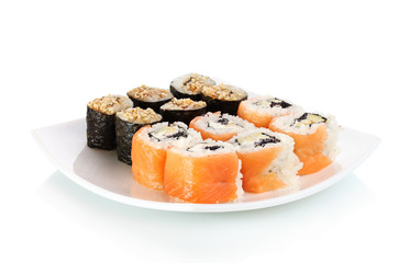 Tasty rolls served on white plate isolated on white