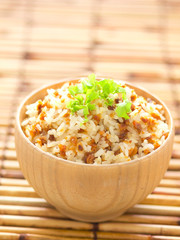 close up of a bowl of garlic fried rice