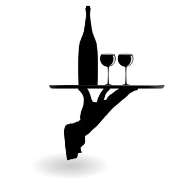 waiter carrying wine glasses on the tray black silhouette