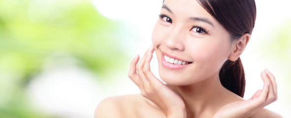 close up of Beauty woman Face and hand touch