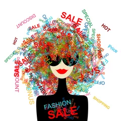Wall murals Woman face I love sale! Fashion woman with shopping concept for your design